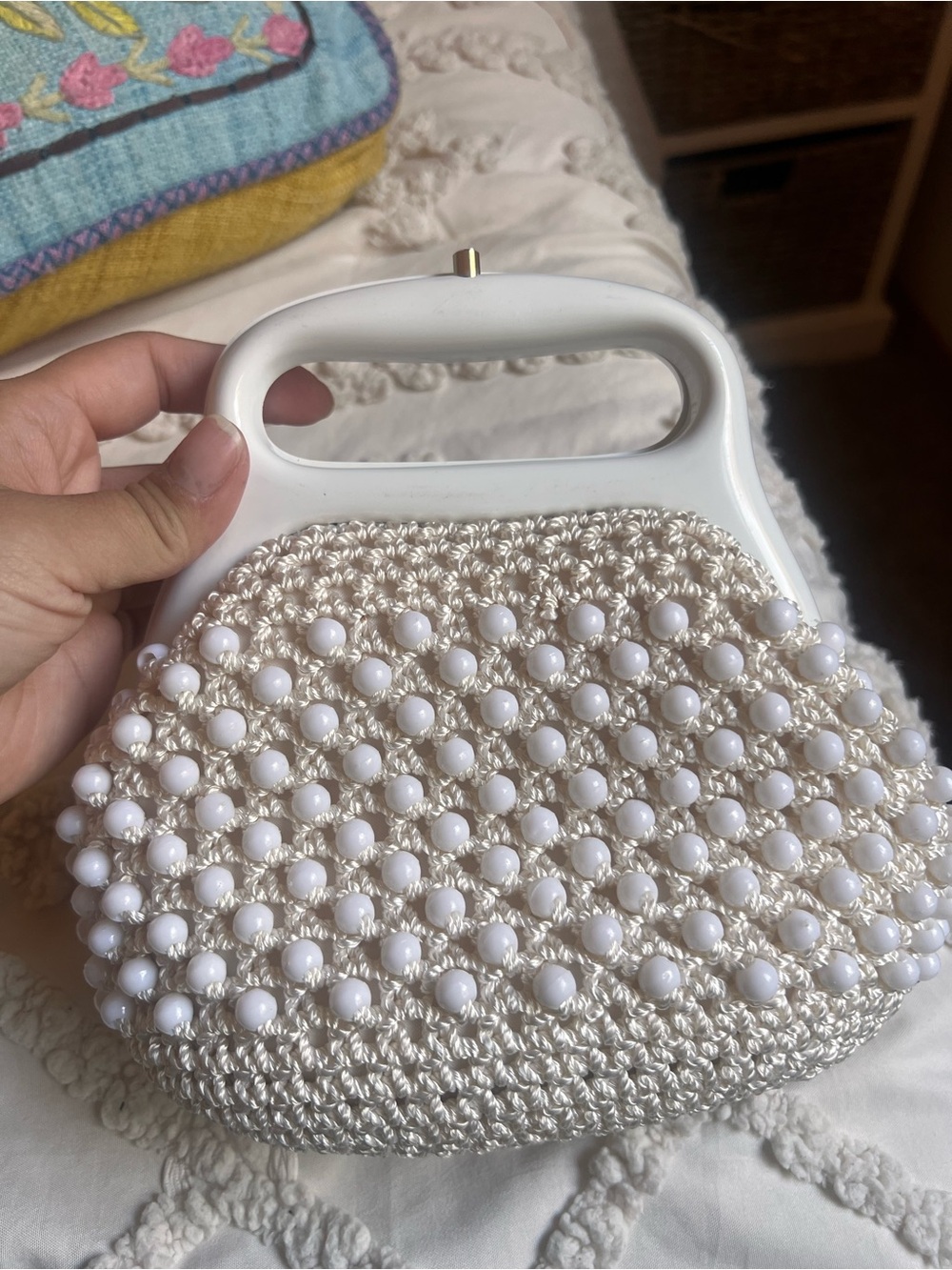 Vintage 1960’s Marcus Brothers White Beaded Crochet Clutch